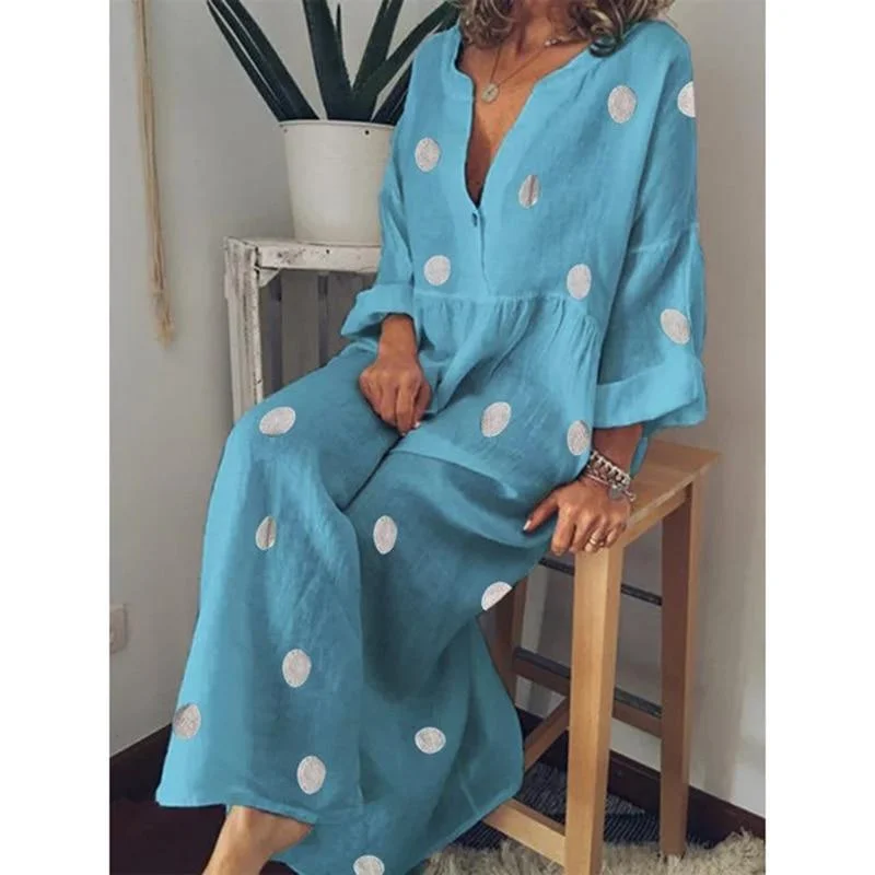 Maxi dresses with fringe trim for a bohemian vibeFashionSierra - Polka dot summer dress Casual loose long sleeve bohemian maxi dress Women v neck boho beach dresses robe vintage femme