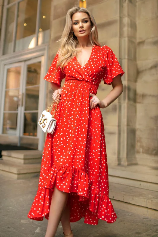 Plaid maxi dresses for fall fashion eventsRed And White Polka Dot Printed High Low Midi Dress Plaid maxi dresses for fall fashion eventsRed And White Polka Dot Printed High Low Midi Dress