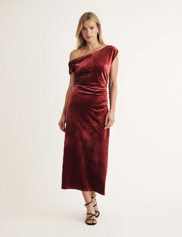Maxi dresses with patchwork designs for a one - of - a - kind styleBurgundy Velvet Off Shoulder Skylar Midi Dress