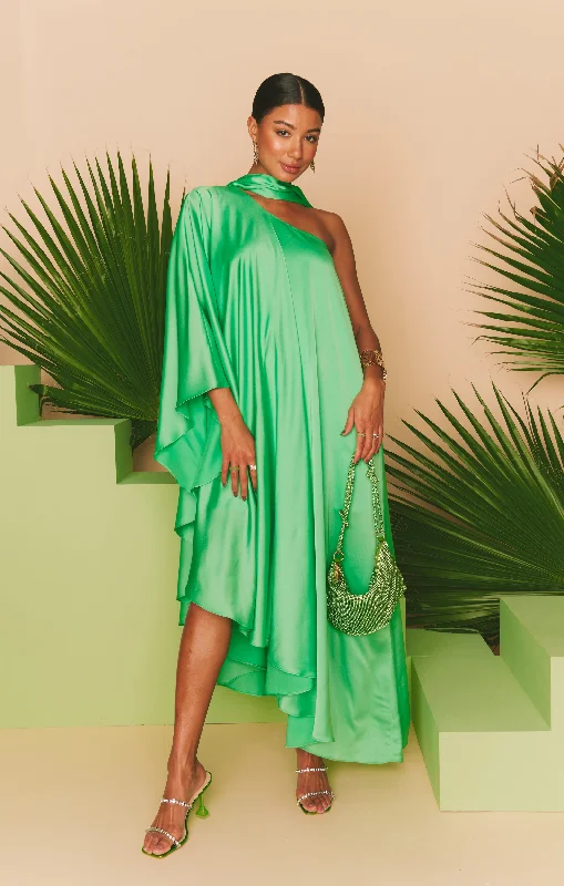 Maxi dresses with beaded embellishments for a fancy and luxurious eventRhea One Shoulder Dress ~ Kiwi Luxe Satin