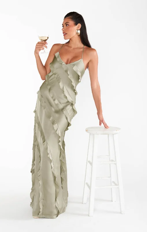 Maxi dresses with a paisley print for a classic and elegant styleRomance Ruffle Dress ~ Moss Green Luxe Satin Maxi dresses with a paisley print for a classic and elegant styleRomance Ruffle Dress ~ Moss Green Luxe Satin