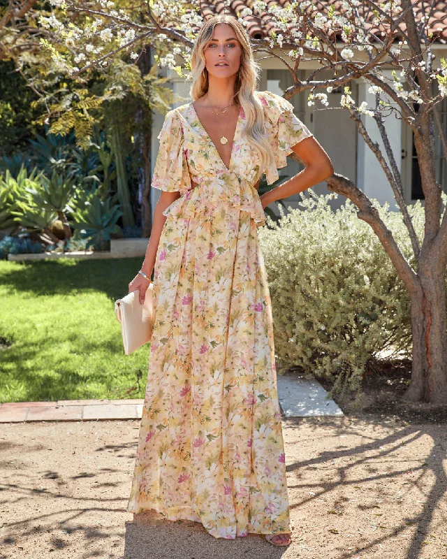 Maxi dresses with balloon sleeves for a vintage - inspired styleKittenAlarm - Sanae Floral Ruffle Cutout Maxi Dress - Pale Yellow Maxi dresses with balloon sleeves for a vintage - inspired styleKittenAlarm - Sanae Floral Ruffle Cutout Maxi Dress - Pale Yellow