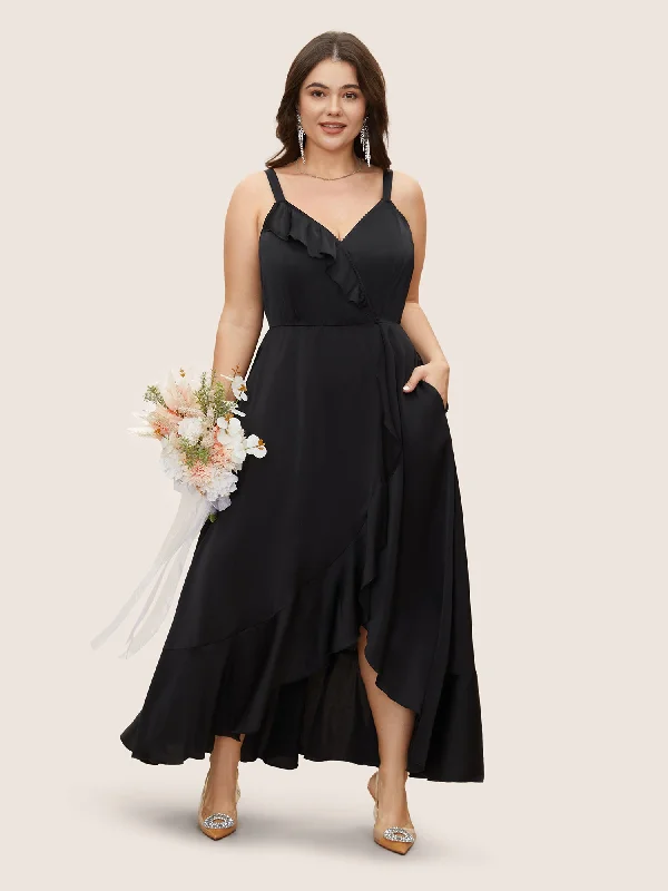 Maxi dresses with a criss - cross back for a flirty and unique detailSatin Overlap Collar Ruffles Cami Dress