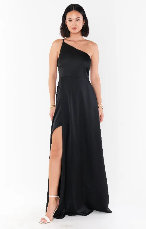 Maxi dresses with embroidered floral motifs for a unique designShannon One Shoulder Dress ~ Black Luxe Satin