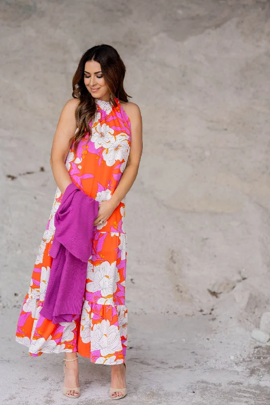 Denim maxi dresses with frayed hems for a casual lookSketched Floral Halter Maxi Dress