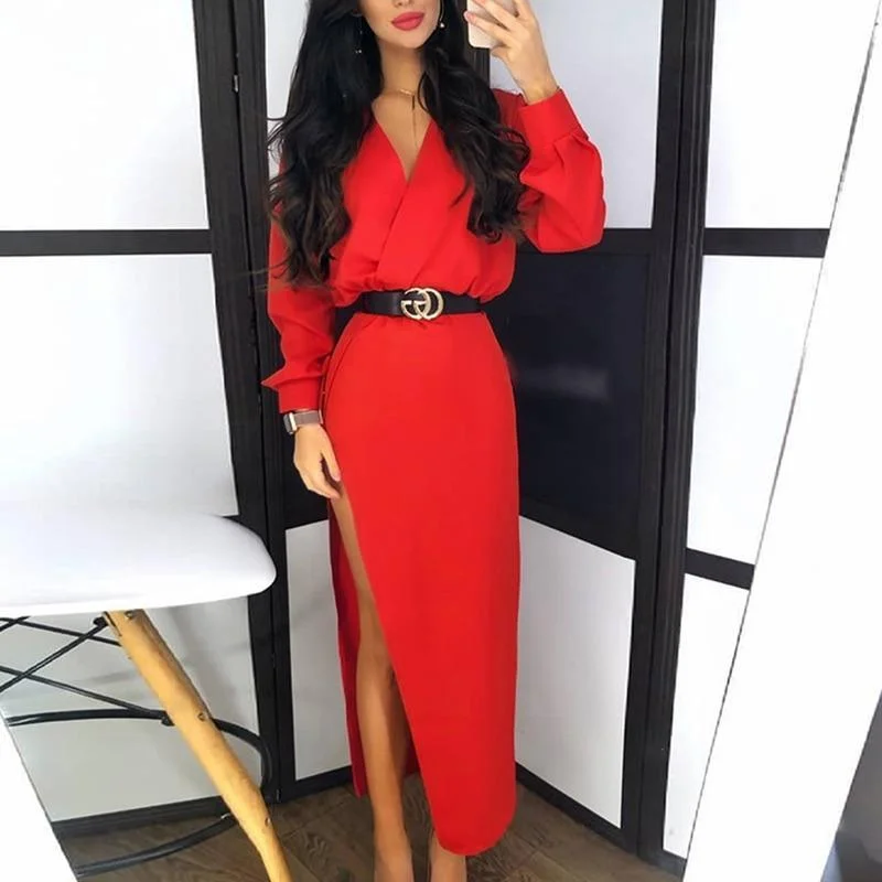 Maxi dresses with pocket details for added functionalityFashionSierra - Solid Long Sleeve Slit Maxi Dress Women V Neck Red Black White Long Dress Casual Loose Spring Plunge Dresses Robe Femme