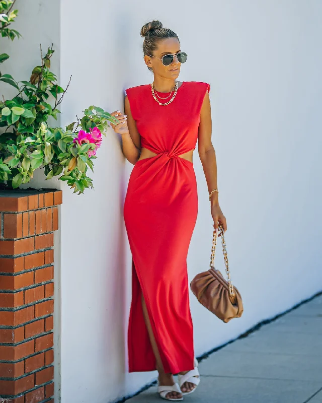 Polyester maxi dresses for easy - care and durabilitySweet Escape Cutout Twist Knit Maxi Dress - Red Polyester maxi dresses for easy - care and durabilitySweet Escape Cutout Twist Knit Maxi Dress - Red
