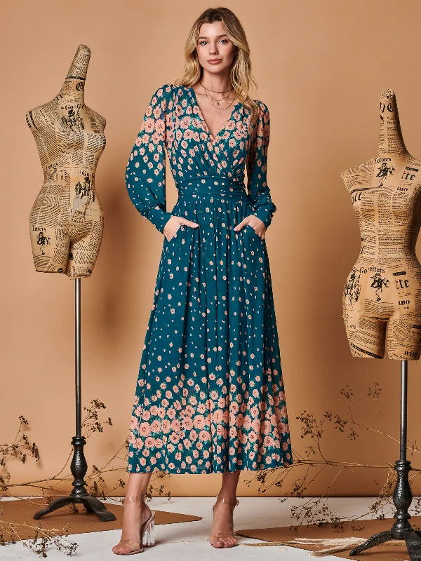 Maxi dresses with cut - out details on the sides for a modern edgeSymmetrical Print Mesh Maxi Dress, Navy Floral