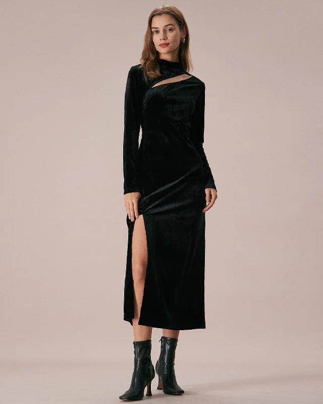 Maxi dresses with a wrap - around style for a customizable fitThe Black Mock Neck Velvet Slit Maxi Dress