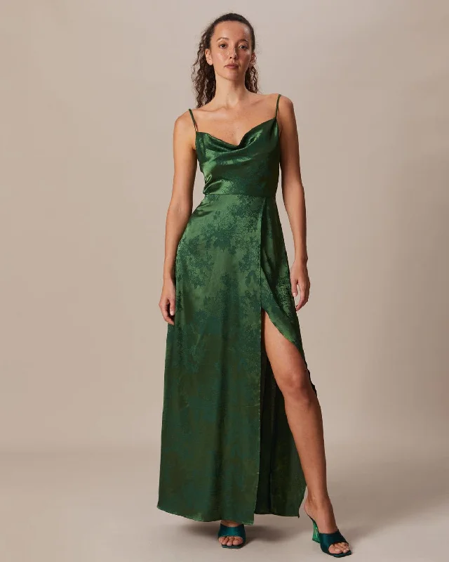 Maxi dresses with a gathered skirt for a voluminous and dramatic effectThe Green Cowl Neck Jacquard Satin Maxi Dress