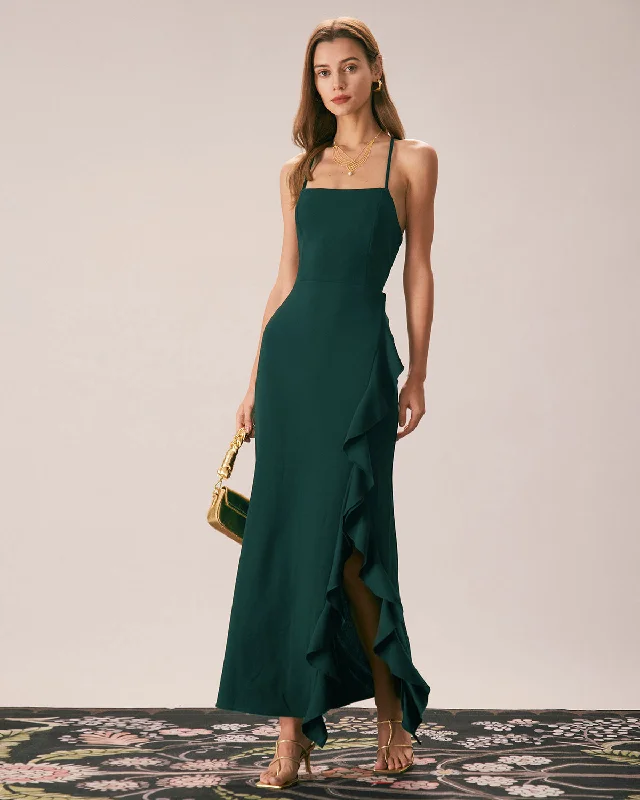 Maxi dresses with cold - shoulder cutouts for a trendy lookThe Green Ruffle Cross Back Strap Maxi Dress