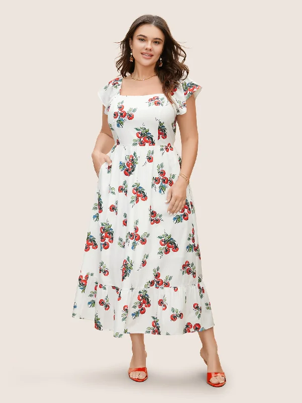 Maxi dresses with a paisley print for a classic and elegant styleTomato Print Square Neck Ruffle Cap Sleeve Dress