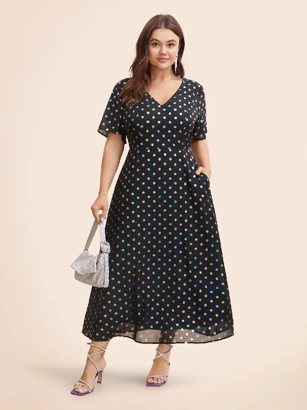 Maxi dresses with thin spaghetti straps for a delicate and feminine feelV Neck Polka Dot Glitter Ruffle Sleeve Dress