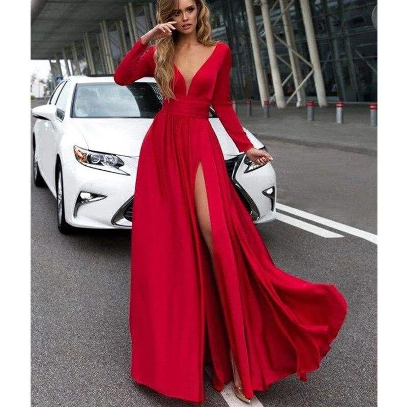 Maxi dresses with balloon sleeves for a vintage - inspired styleFashionSierra - Women Autumn Long Sleeve Maxi Dress Elegant Split Formal Evening Party Dress Fashion V neck Women vestidos