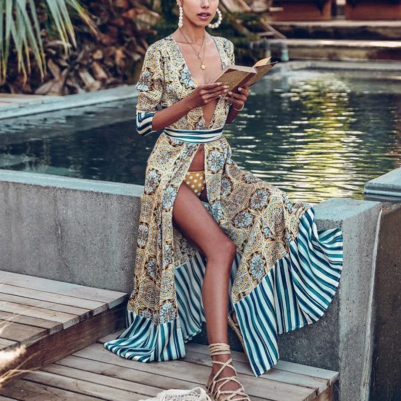 Metallic maxi dresses for a glamorous New Year's Eve partyFashionSierra - Women Flower Striped Print Boho Dress Sashes Wrap Dress Summer Slit Long Sleeve Beach Maxi Dresses Vintage Robe Femme