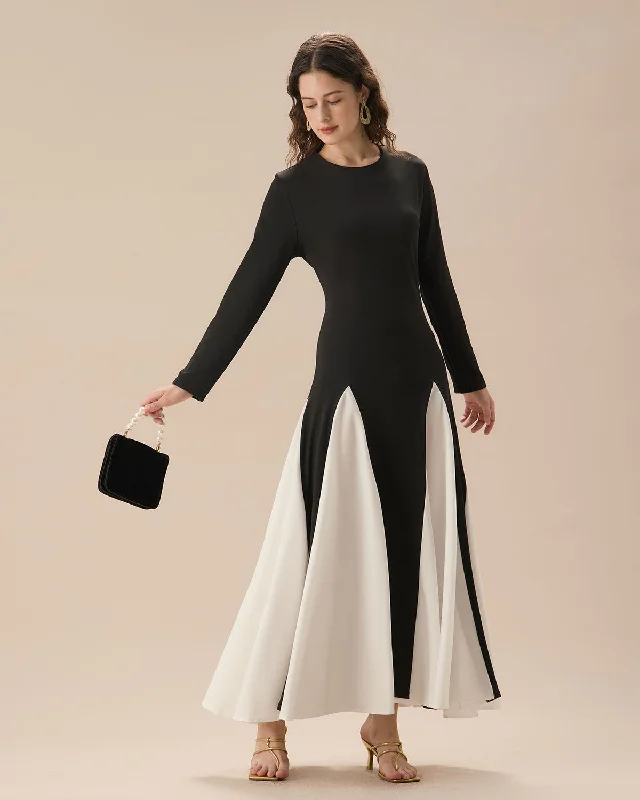 Maxi dresses with mesh panels for a sexy and trendy appearanceBlack Contrasting Long Sleeve Maxi Dress