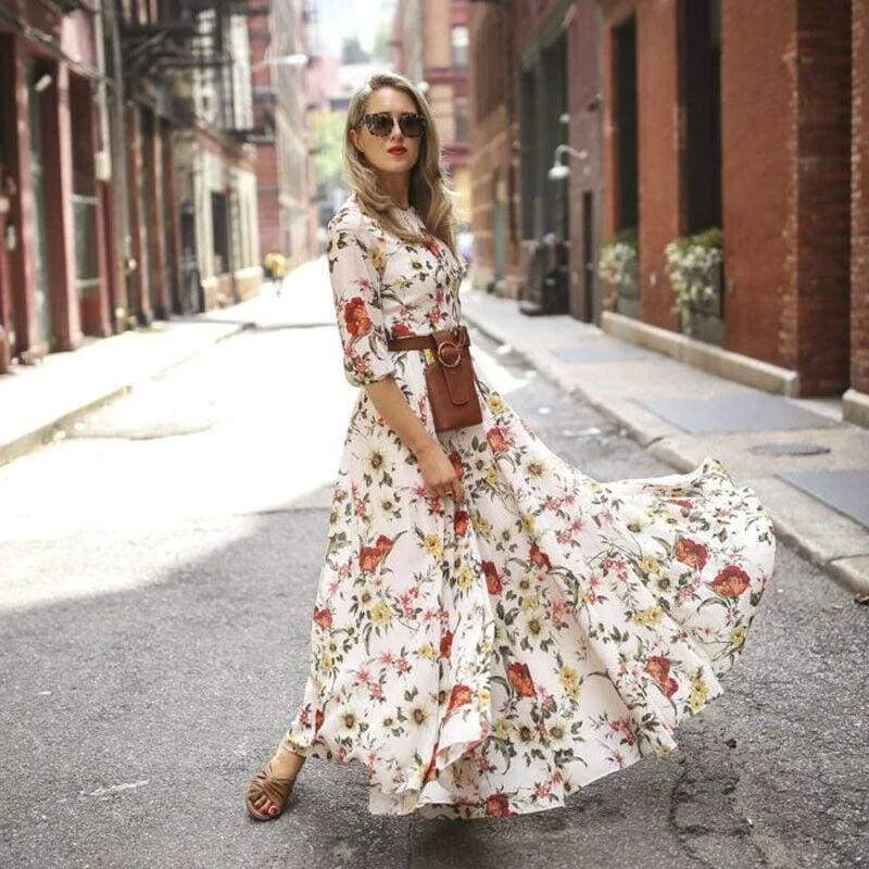 Maxi dresses with a ruffled neckline for a charming lookFashionSierra - Women's Boho Maxi Dress Floral Summer Beach Party Long Sundress Fashion Ladies Casual Daily Half Sleeve Dress Clothes