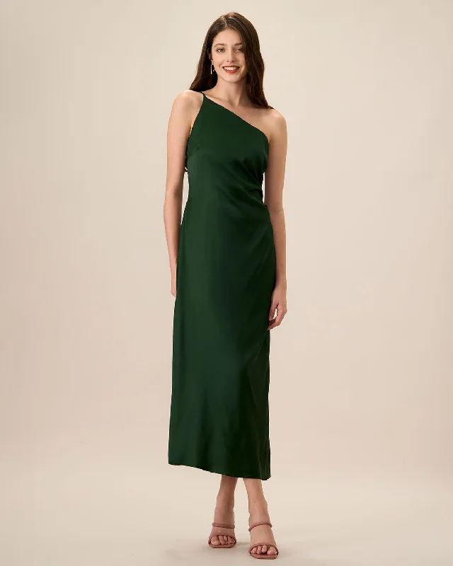 Maxi dresses with fringe trim for a bohemian vibeWomen's Green One-shoulder Satin Maxi Dress