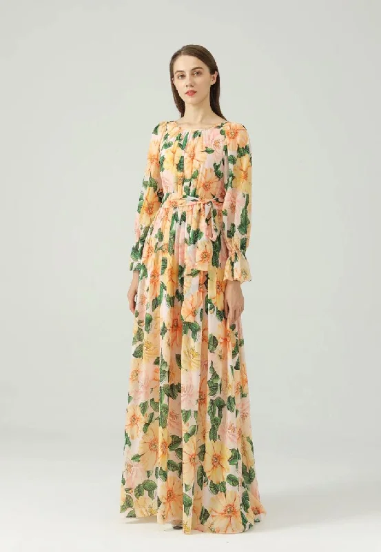 Velvet maxi dresses with long sleeves for winter weddingsFashionSierra - Printed Sash Belt Fashion Maxi Dress