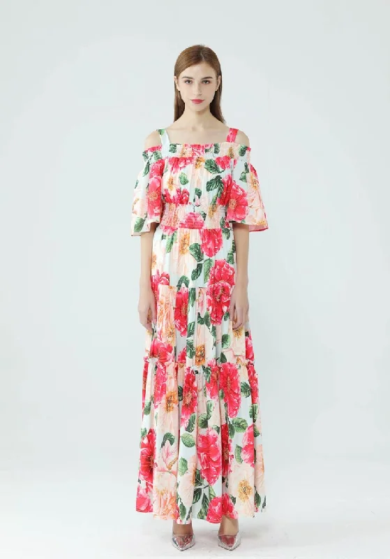 Maxi dresses with a button - down front for a classic lookFashionSierra - Slash Neckline Floral Printed Tiered Ruffles Elegant Long Maxi Dresses