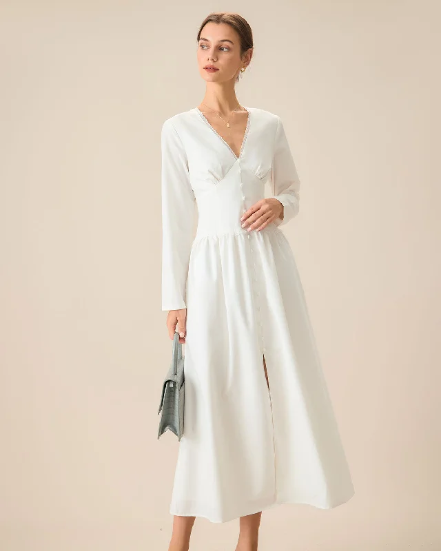 Maxi dresses with an asymmetric hem for a fashion - forward and eye - catching designWhite Ruched Button Maxi Dress