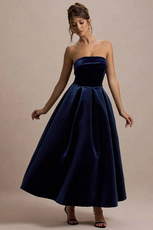 Wrap - style midi dresses in silk for a sophisticated office lookAddina | Navy Velvet Bandeau Skater Midi Dress
