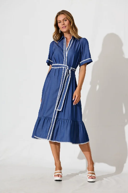 Midi dresses with mesh inserts for a trendy and breathable optionAurora Midi Shirt Dress In Blue With White Contrast Stitch