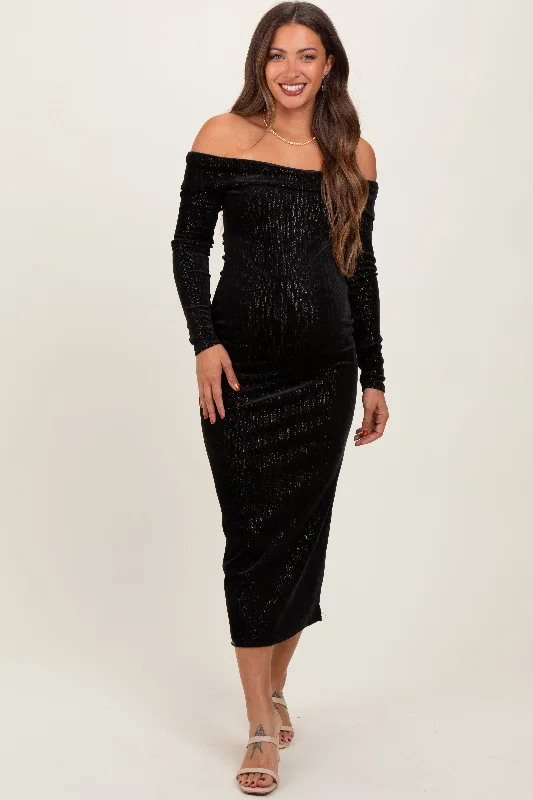 Wrap - style midi dresses in silk for a sophisticated office lookBlack Shiny Velour Off Shoulder Maternity Midi Dress
