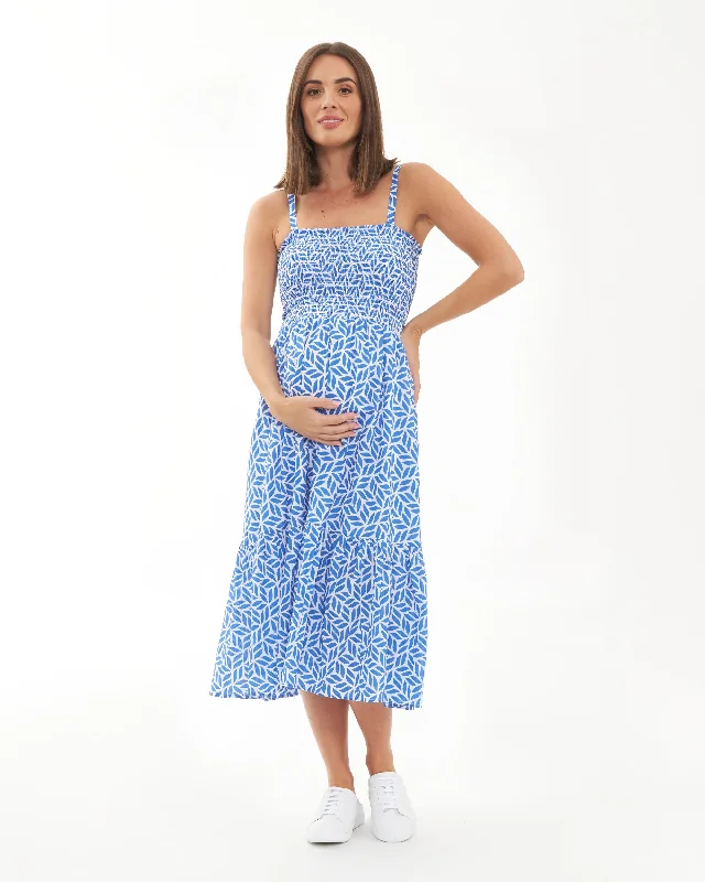 Midi dresses with ruffled hems for a romantic date nightCapri Shirred Dress  White / Lapis