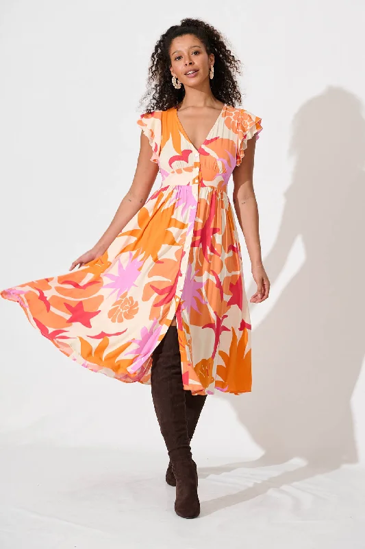 Midi dresses with lace - up fronts for a unique and adjustable styleDaffodil Midi Dress In Tangerine Multi Floral Midi dresses with lace - up fronts for a unique and adjustable styleDaffodil Midi Dress In Tangerine Multi Floral