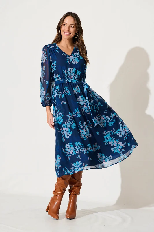 Midi dresses with denim fabric for a casual yet stylish day outDahlias Midi Dress In Navy With Blue Floral Chiffon Midi dresses with denim fabric for a casual yet stylish day outDahlias Midi Dress In Navy With Blue Floral Chiffon
