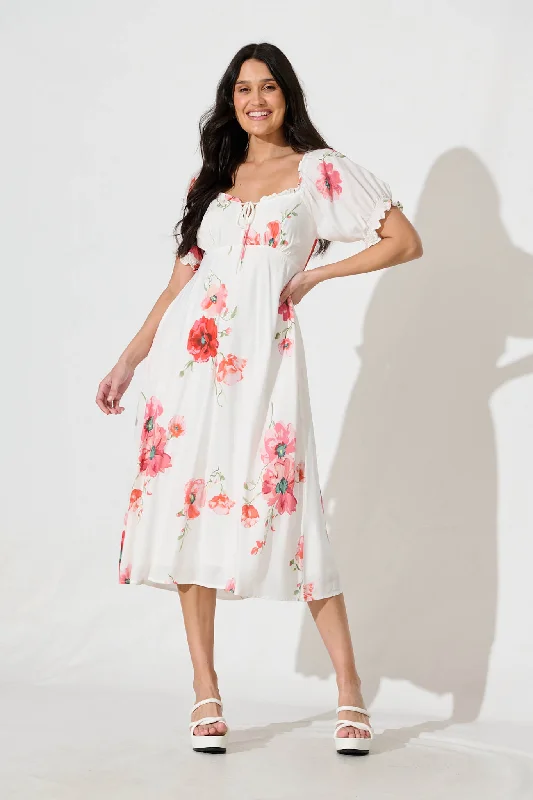 Midi dresses with satin - finish fabrics for a luxurious feelDoncia Midi Dress in White with Multi Red Floral