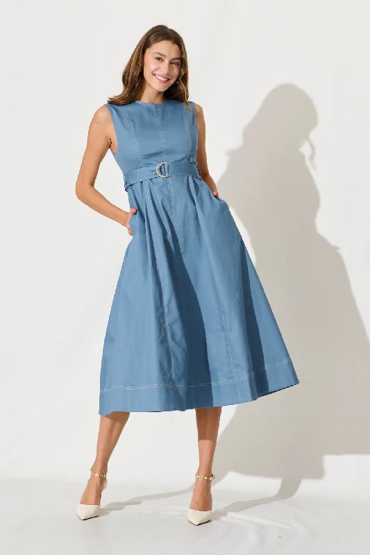 Midi dresses with lace - up fronts for a unique and adjustable styleDoris Midi Dress In Blue Cotton
