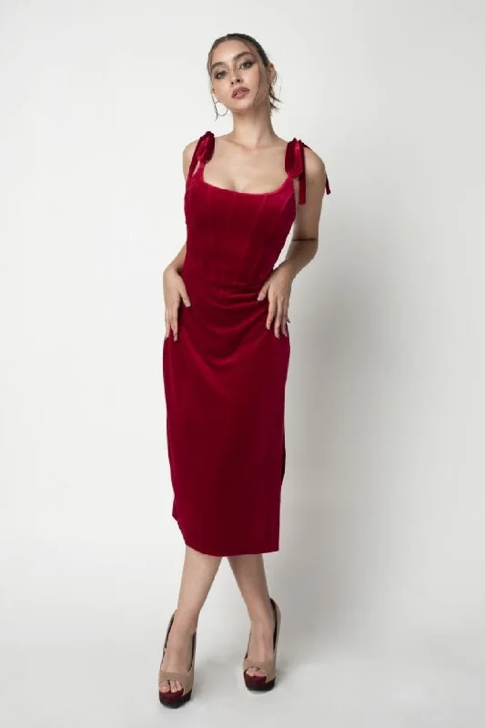 Velvet midi dresses in jewel tones for a glamorous winter eventDouble Second Red Corset Velvet Dress