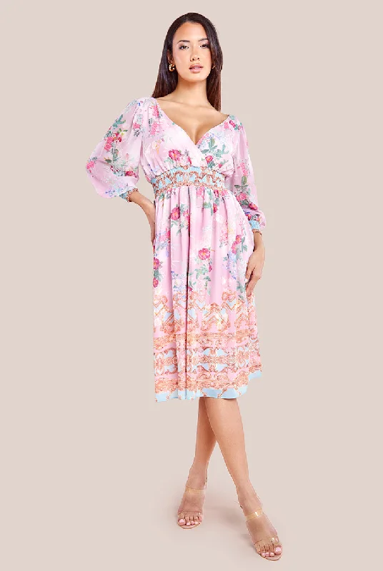 Midi dresses with polka dot prints for a playful summer outfitGoddiva Chiffon Wrap Border Floral Print Midi Dress - Pink