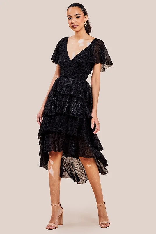 Sheath midi dresses with beaded embellishments for a formal occasionGoddiva Crinkle Lurex High Low Layered Midi Dress - Black