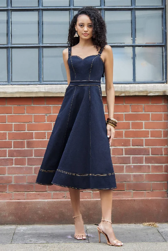 Midi dresses with lace - up fronts for a unique and adjustable styleGoddiva Denim Buckle Strap A-line Midi Dress - Navy Denim