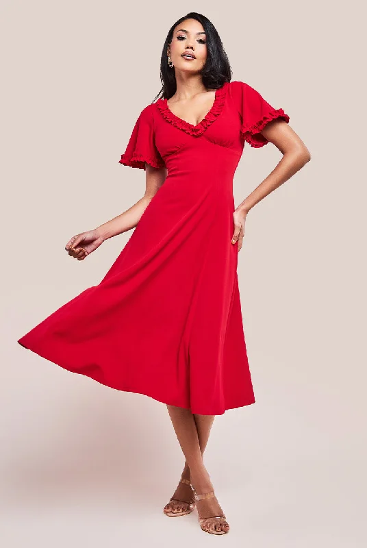Midi dresses with cold - shoulder cutouts for a trendy styleGoddiva Flare Sleeve Frill Edge Midi Dress - Red Midi dresses with cold - shoulder cutouts for a trendy styleGoddiva Flare Sleeve Frill Edge Midi Dress - Red