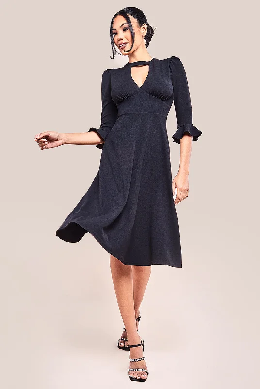 Midi dresses with asymmetric hems for a fashion - forward and dynamic appearanceGoddiva Flared Sleeve Midi Dress - Black Midi dresses with asymmetric hems for a fashion - forward and dynamic appearanceGoddiva Flared Sleeve Midi Dress - Black