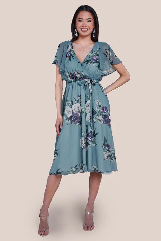 Midi dresses with denim fabric for a casual yet stylish day outGoddiva Floral Printed Flutter Sleeve Chiffon Midi Dress - Airforce Blue