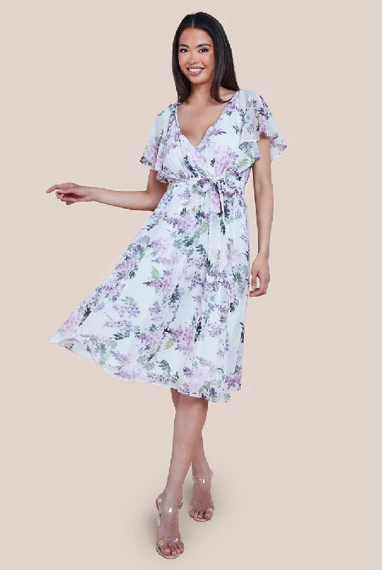 Midi dresses with keyhole backs for a flirty and unexpected detailGoddiva Floral Printed Flutter Sleeve Chiffon Midi Dress - Cream
