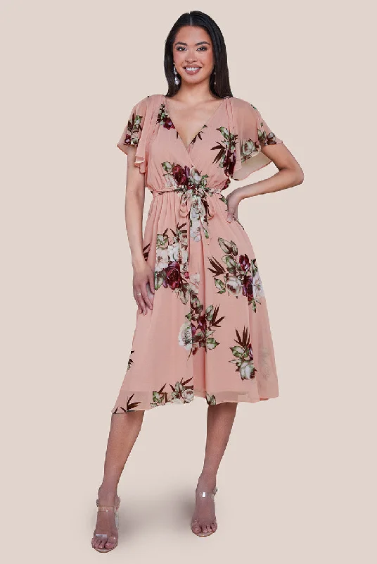Midi dresses with geometric cutouts for a contemporary and edgy lookGoddiva Floral Printed Flutter Sleeve Chiffon Midi Dress - Peach