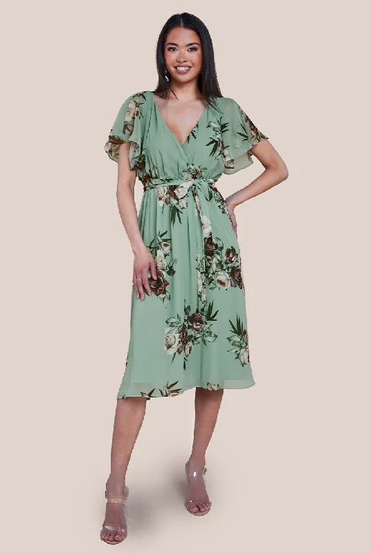 Midi dresses with belted waists to accentuate the figureGoddiva Floral Printed Flutter Sleeve Chiffon Midi Dress - Sage Green