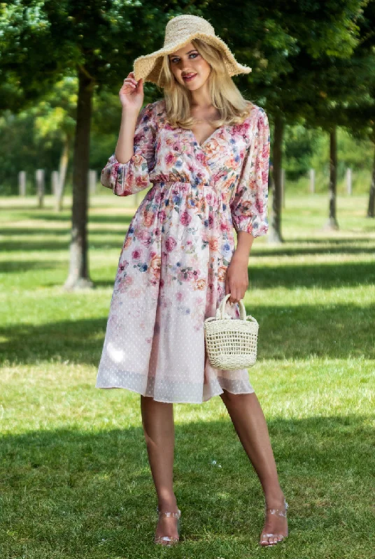 Midi dresses with metallic threads for a glamorous evening eventGoddiva Ombre Floral Printed Wrap Midi Dress - Ivory