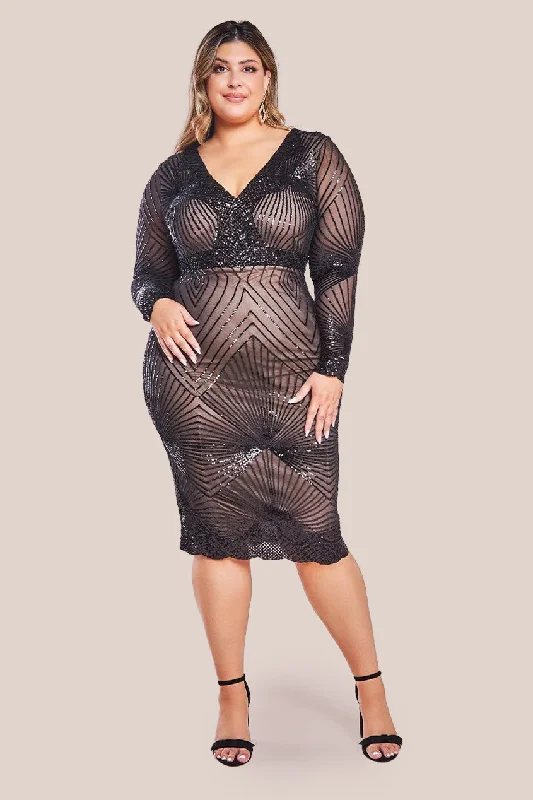Midi dresses with ruched sleeves for a more fitted and stylish arm lookGoddiva Plus Scalloped Hem Starburst Midi Dress - Black