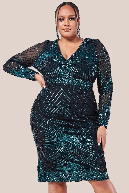 Midi dresses with satin - finish fabrics for a luxurious feelGoddiva Plus Scalloped Hem Starburst Midi Dress - Emerald