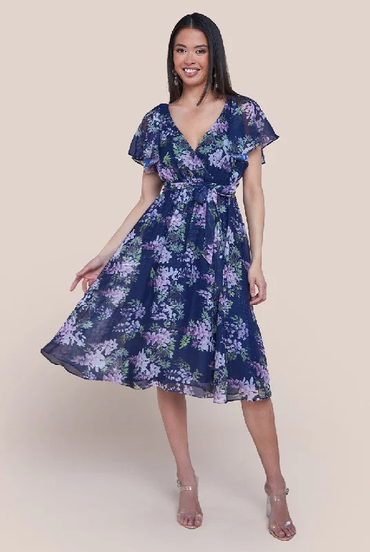 Midi dresses with tiered skirts for a bohemian festival lookGoddiva Printed Lurex A-Line Flutter Sleeve Midi Dress - Navy Blue
