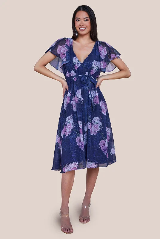 Midi dresses with pleated skirts for a timeless and elegant appealGoddiva Printed Lurex A-Line Flutter Sleeve Midi Dress - Navy