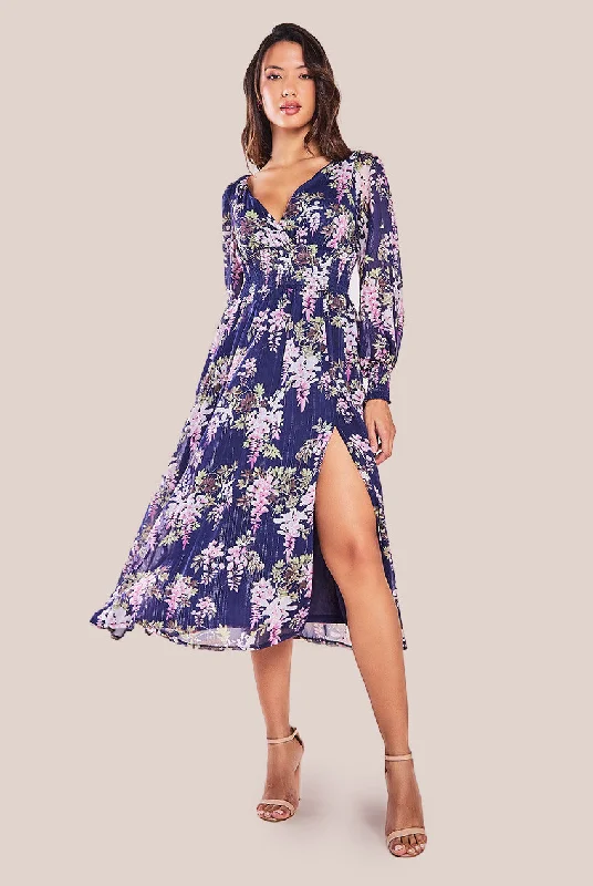Midi dresses with polka dot prints for a playful summer outfitGoddiva Printed Lurex Chiffon Long Sleeve Midi Dress - Navy