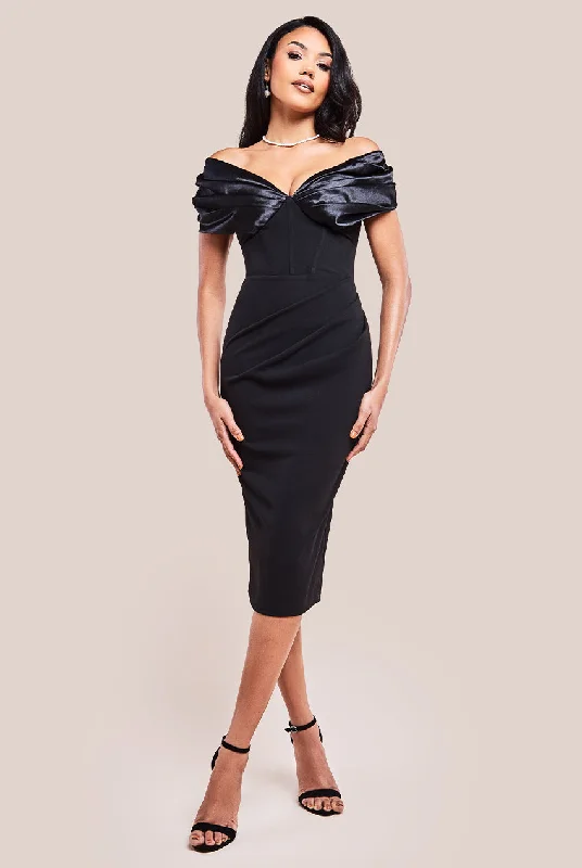 Midi dresses with tassel accents for a bohemian and free - spirited styleGoddiva Satin & Scuba Off The Shoulder Midi Dress - Black